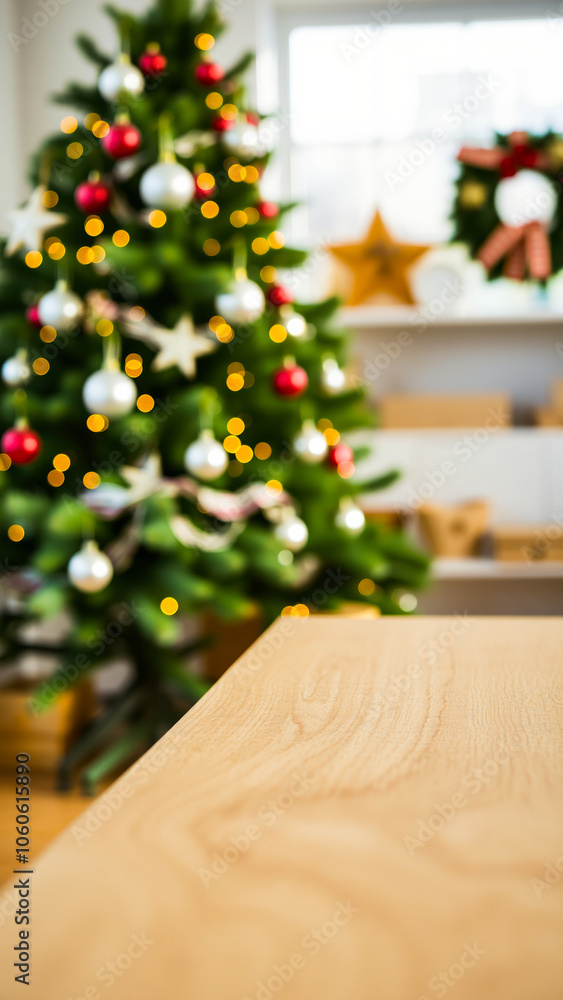 wooden table with a blurred christmas tree background wooden table with a blurred christmas tree background