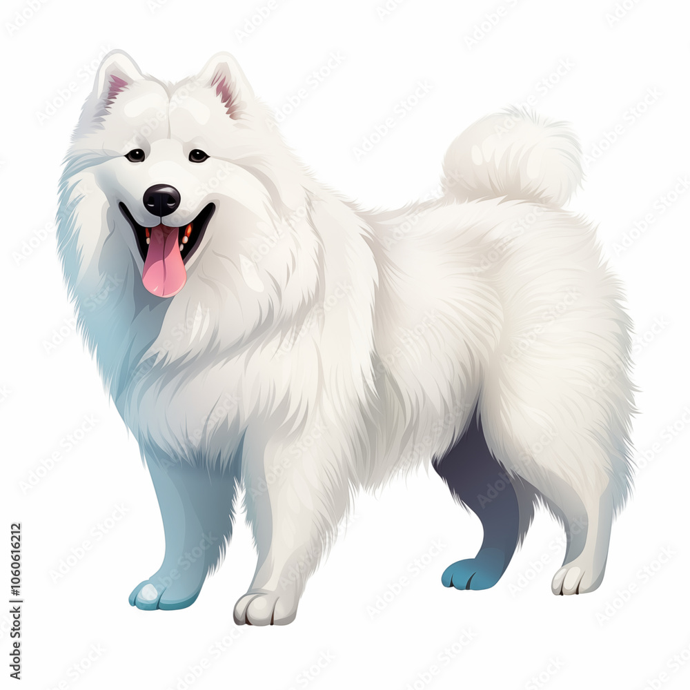 Fototapeta premium A cheerful cartoon Samoyed dog with fluffy white fur posing playfully in a sunny park setting