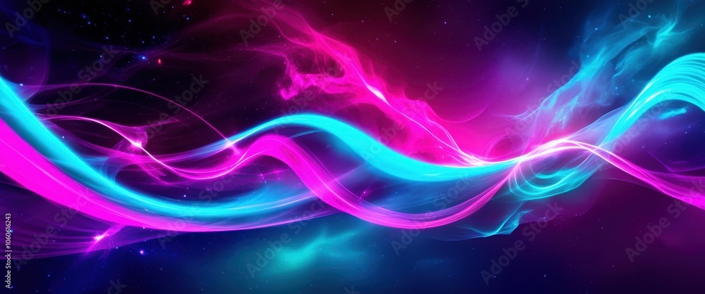 Naklejka premium Cosmic waves, vibrant neon colors, flowing energy ribbons, deep space background, stars, abstract aurora, electric blue and magenta, dynamic motion, ethereal glow, digital art, surreal, colorful nebul