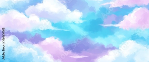 Dreamy sky, pastel clouds, soft watercolor effect, ethereal atmosphere, cotton candy colors, blue and pink hues, wispy cloud formations, serene heavenly landscape, gentle gradient, atmospheric art, ce