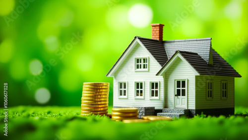 Wallpaper Mural white model house on a bed green grass with golden coins Torontodigital.ca