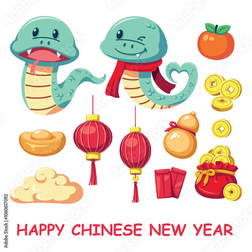 Set of Chinese new year ornament cartoon collection, snake, orange, Chinese coin, ingots, golden clouds, Golden gourd, Chinese red envelope, Chinese lanterns. Illustration for decorating cards.