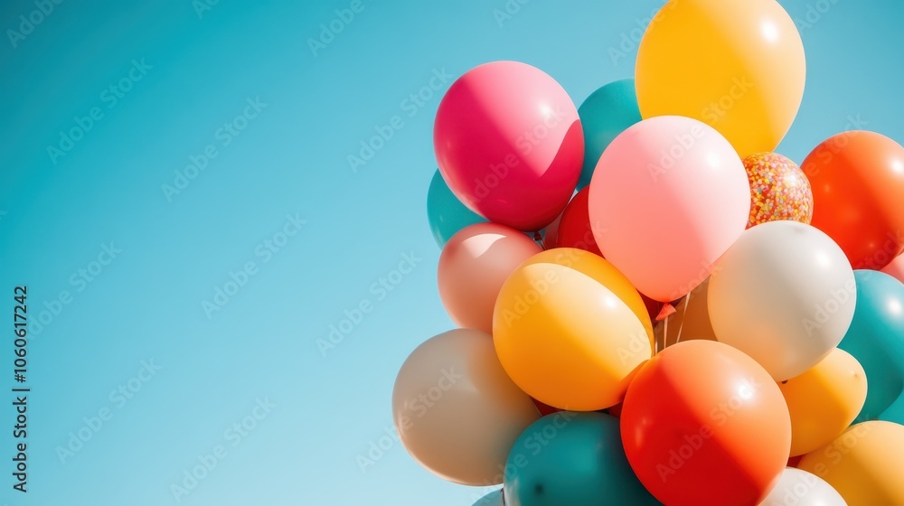 An array of brightly colored balloons contrasts with a vivid blue sky, dotted with fluffy clouds, creating an exuberant display of light and color. An array of brightly colored balloons contrasts with a vivid blue sky, dotted with fluffy clouds, creating an exuberant display of light and color.