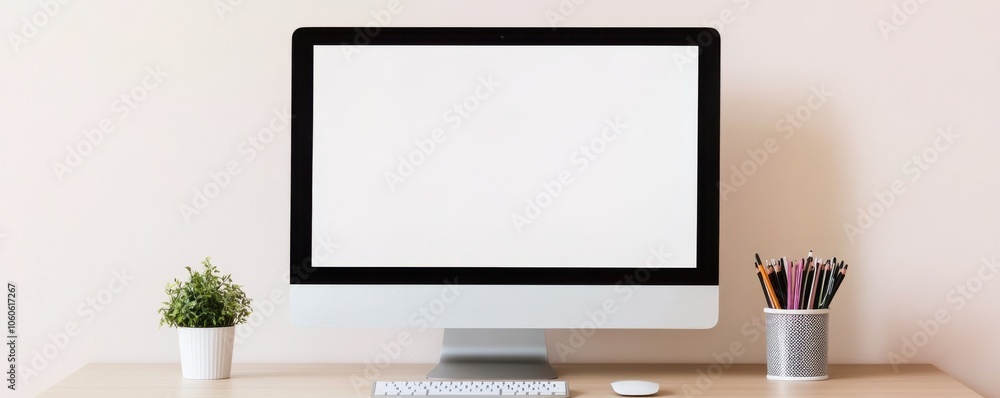 Clean workspace with a modern computer, potted plant, and stationery. Ideal for minimalistic or tech-themed projects. Clean workspace with a modern computer, potted plant, and stationery. Ideal for minimalistic or tech-themed projects.