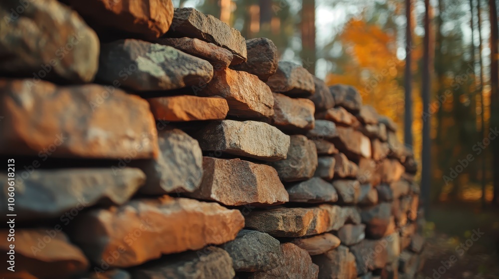 A long, rustic stone wall extends through a forest bathed in golden hour light, capturing a perfect blend of human craftsmanship and natural beauty. A long, rustic stone wall extends through a forest bathed in golden hour light, capturing a perfect blend of human craftsmanship and natural beauty.