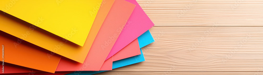 Colorful sheets of paper stacked on wooden surface, showcasing vibrant hues of yellow, orange, pink, and blue, creating cheerful and creative atmosphere Colorful sheets of paper stacked on wooden surface, showcasing vibrant hues of yellow, orange, pink, and blue, creating cheerful and creative atmosphere