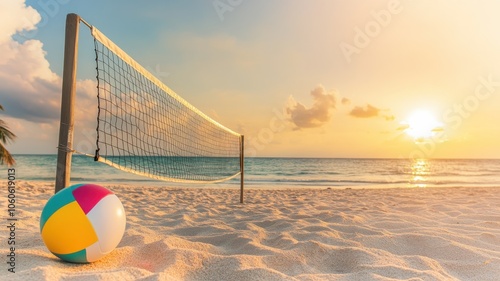 A vibrant beach scene featuring a volleyball net and a colorful beach ball at sunset, perfect for summer sports themes.