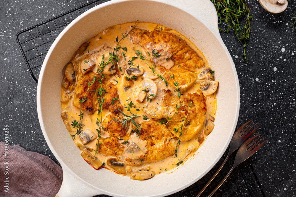 Fried chicken breast fillet in creamy mushroom sauce with champignons and oregano on the dark background top view copy space for text Fried chicken breast fillet in creamy mushroom sauce with champignons and oregano on the dark background top view copy space for text