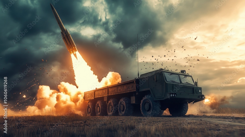 Obraz premium Military artillery missile system launches rockets