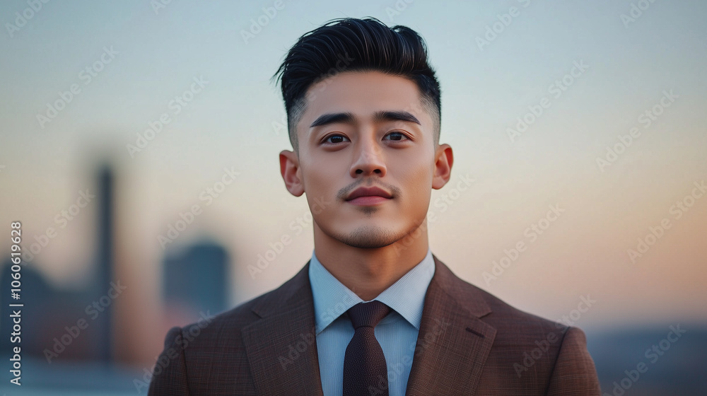 confident man in stylish brown suit stands against blurred city skyline at sunset, exuding professionalism and charm. confident man in stylish brown suit stands against blurred city skyline at sunset, exuding professionalism and charm.
