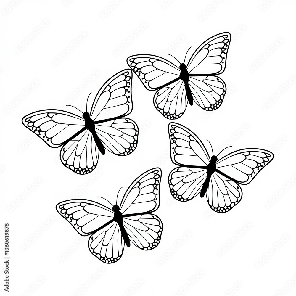 Monochromatic Illustration of Three Butterflies Monochromatic Illustration of Three Butterflies