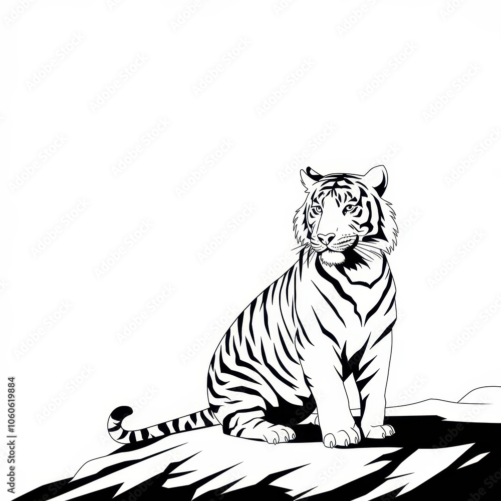 Monochromatic Illustration of a Sitting Tiger Monochromatic Illustration of a Sitting Tiger