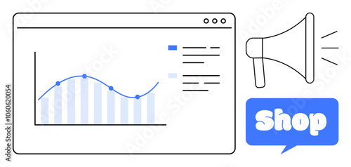 Digital window with growth chart and data aside a megaphone and Shop text in a bubble. Ideal for analytics, business, promotion, eCommerce, growth strategies. Simple modern style