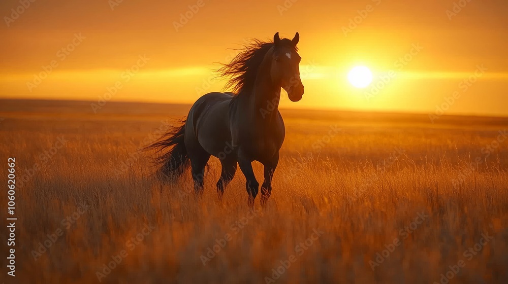 Majestic Horse in Open Field at Sunset Majestic Horse in Open Field at Sunset