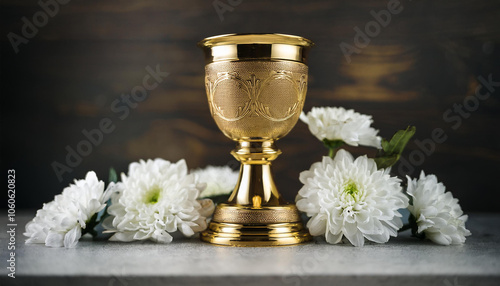 Gold chalice and white flowers on altar. All saints' day. Religious ceremony concept. photo