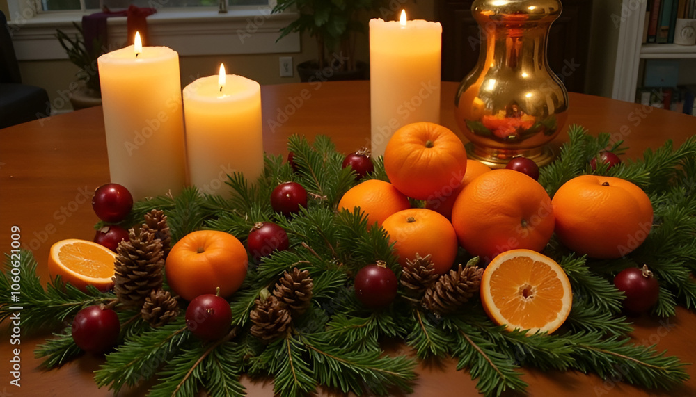 Holiday table decoration with oranges, candles, and pine cones on evergreen garland Holiday table decoration with oranges, candles, and pine cones on evergreen garland