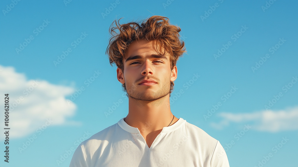 young man stands confidently against clear blue sky, showcasing relaxed and carefree vibe. His tousled hair and casual white shirt complement serene beach atmosphere. young man stands confidently against clear blue sky, showcasing relaxed and carefree vibe. His tousled hair and casual white shirt complement serene beach atmosphere.