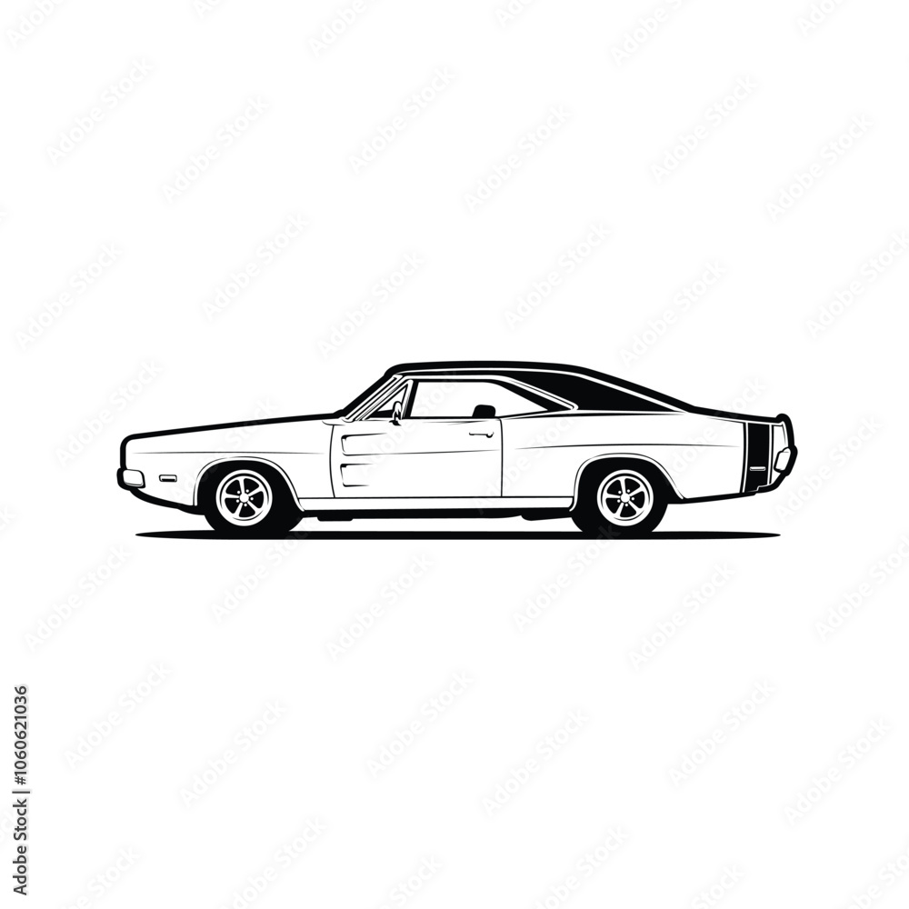 Naklejka premium Classic Muscle Car Monochrome Silhouette Side View Vector Isolated