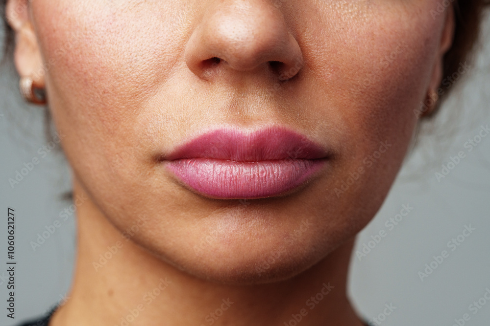 Fototapeta premium woman showcasing her natural skin texture and subtle lip color in soft lighting