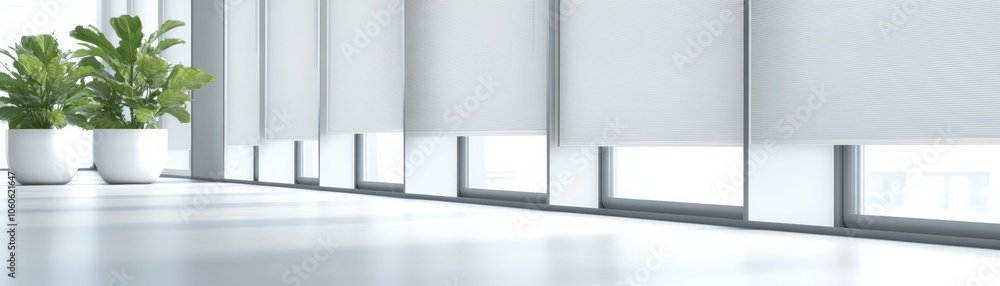 Bright interior showcasing minimalist design with blinds and green plants for a fresh, modern look. Bright interior showcasing minimalist design with blinds and green plants for a fresh, modern look.
