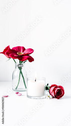 burning candle delicate pink flowers