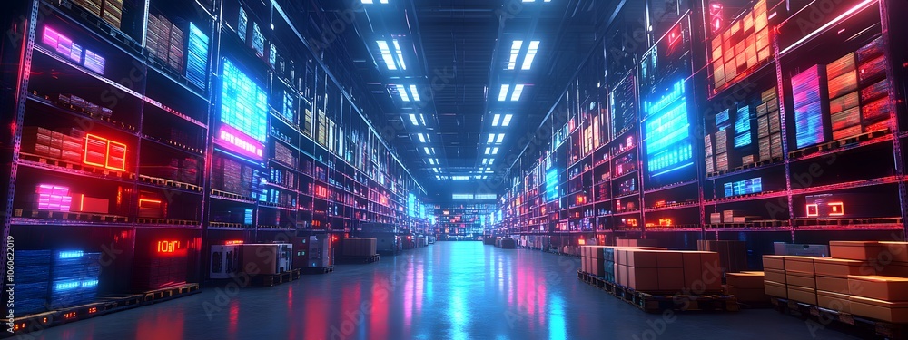 A futuristic warehouse with glowing digital data streams, creating an immersive and high-tech atmosphere for commercial photography A futuristic warehouse with glowing digital data streams, creating an immersive and high-tech atmosphere for commercial photography