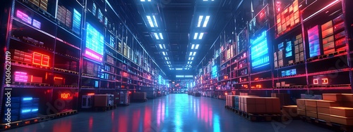 A futuristic warehouse with glowing digital data streams, creating an immersive and high-tech atmosphere for commercial photography