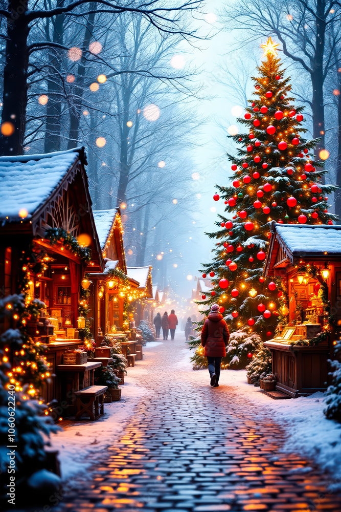 Fototapeta premium festive winter market path leads a decorated tree