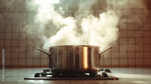 A large pot on a kitchen stove emitting billowing steam from its boiling contents, embodying the warmth and activity of home cooking processes and routines.