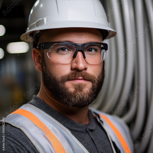 A construction worker with a beard wearing safety glasses and a hard hat looking directly at the camera.