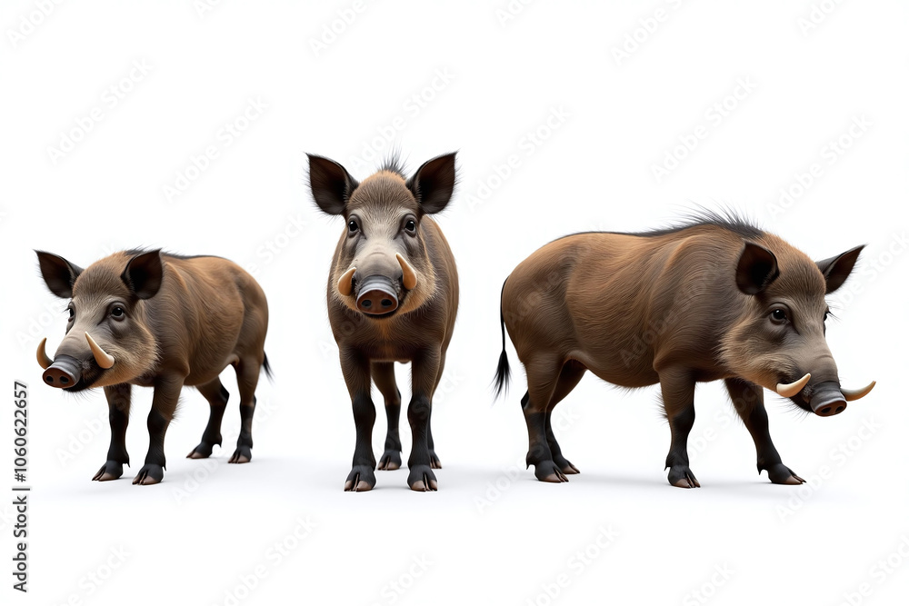 Three boars on white background, wild and detailed Three boars on white background, wild and detailed