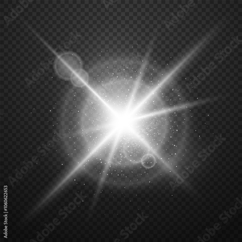 Light effect on a transparent background. Sparkling white glare on a transparent background. Vector flickering element with highlights and rays.