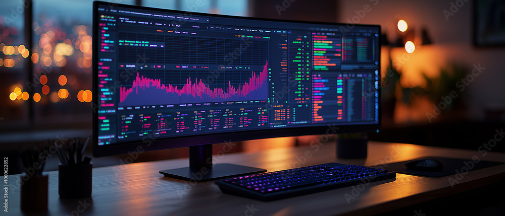 A computer monitor with a large screen displaying a graph of numbers A computer monitor with a large screen displaying a graph of numbers