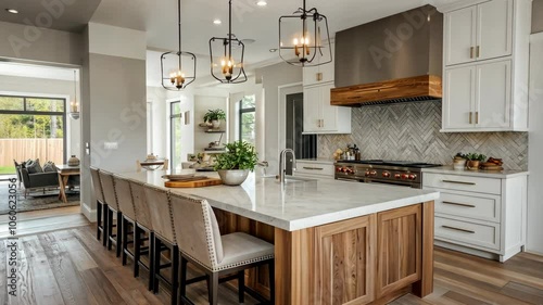 A modern kitchen features a large island with white countertops and wood cabinetry, with a view of a living room through a doorway