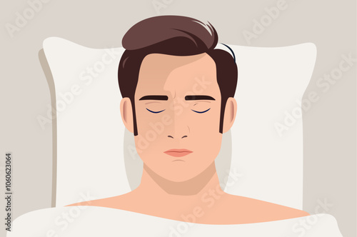 Sleeping man in bed - Face with closed eyes of male person falling asleep, feeling comfort and relaxed with head on pillow lying under blanket in bed. Top down view vector illustration graphic