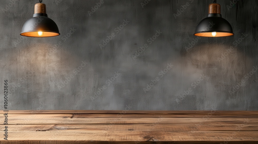Two pendant lamps with black shades cast a soft, warm glow over a wooden table, creating a harmonious and balanced lighting ambiance in the dark room. Two pendant lamps with black shades cast a soft, warm glow over a wooden table, creating a harmonious and balanced lighting ambiance in the dark room.