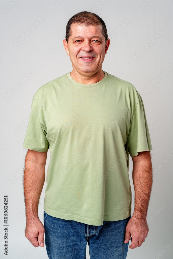 Obraz premium Smiling middle-aged man with short hair in a light green shirt against a simple backdrop