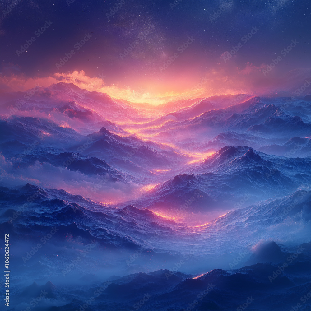 A beautiful blue ocean with a bright orange sun in the sky A beautiful blue ocean with a bright orange sun in the sky