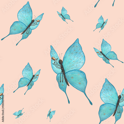 Seamless pattern with watercolor hand drawn turquoise butterfly playing tambourine