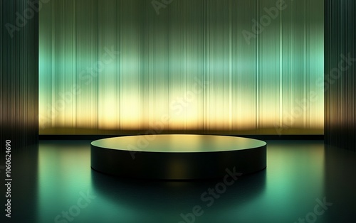 A minimalist stage with a circular platform and softly illuminated backdrop.