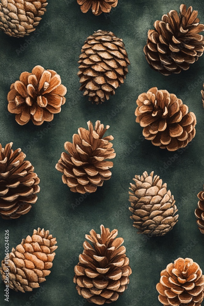 Nature displays exquisite pine cones in varied textures and shapes against a dark green background capturing the essence of forest life and seasonal changes Nature displays exquisite pine cones in varied textures and shapes against a dark green background capturing the essence of forest life and seasonal changes