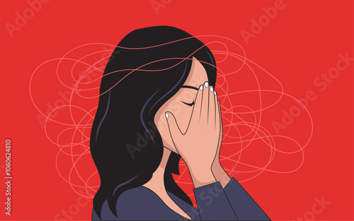 Woman depression illustration - Female person with hand on face suffering from anxiety, mental health problem, burnout, fatigue or clouded mind while feeling depressed. Flat design vector