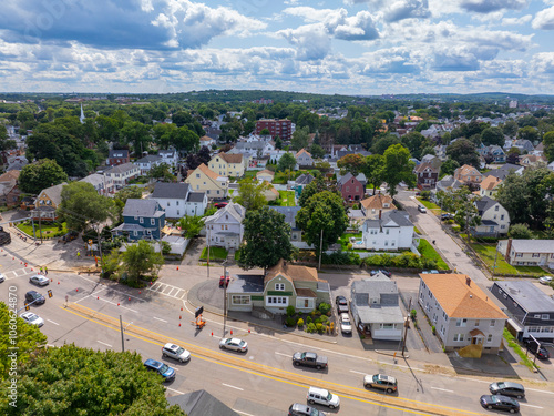 Quincy historic city center aerial view on Washington Street in city of Quincy, Massachusetts MA, USA. 