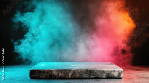 A square platform is surrounded by vibrant orange and blue smoke, creating a striking contrast and a dynamic and atmospheric visual closeup experience. photo