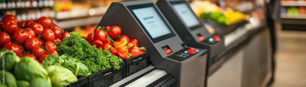 Fresh vegetables and fruits displayed in a grocery store, featuring self-service terminals for customer convenience. Fresh vegetables and fruits displayed in a grocery store, featuring self-service terminals for customer convenience.