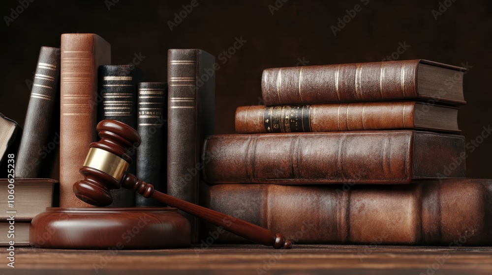 A stack of old leather-bound books accompanies a resting gavel, symbolizing the profound relationship between literature and justice within a studious environment. A stack of old leather-bound books accompanies a resting gavel, symbolizing the profound relationship between literature and justice within a studious environment.
