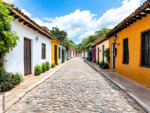 Vibrant cobblestone street lined with colorful houses under a bright blue sky, showcasing charming village architecture.