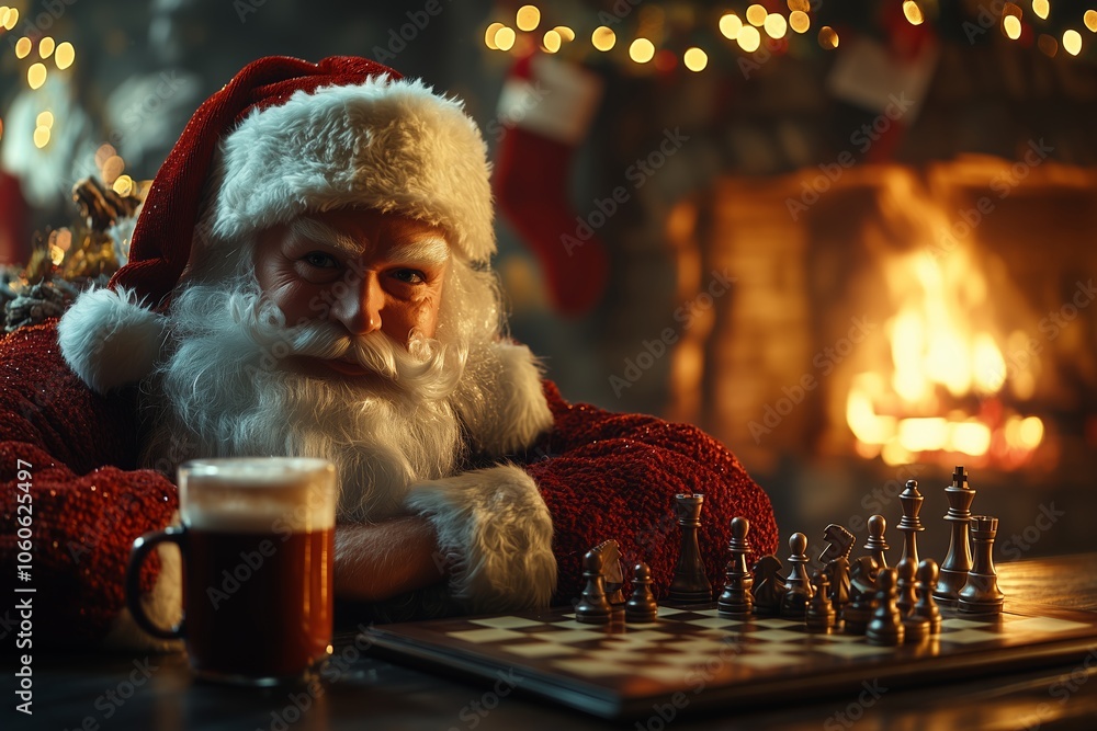A warm and festive scene featuring Santa Claus relaxing by a glowing fireplace. Santa, dressed in his classic red suit and hat, smiles warmly as he enjoys a mug of hot cocoa topped with whipped cream. A warm and festive scene featuring Santa Claus relaxing by a glowing fireplace. Santa, dressed in his classic red suit and hat, smiles warmly as he enjoys a mug of hot cocoa topped with whipped cream.