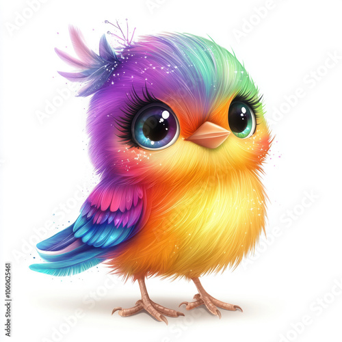 Colorful Fantasy Bird with Big Eyes and Rainbow Feathers
