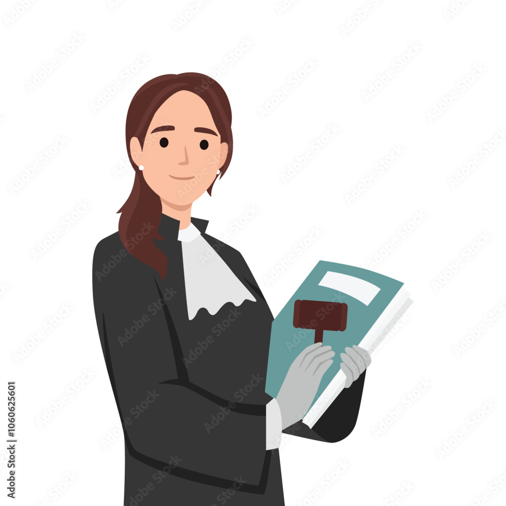 Woman judge with books and scales of justice. Flat vector illustration isolated on white background Woman judge with books and scales of justice. Flat vector illustration isolated on white background